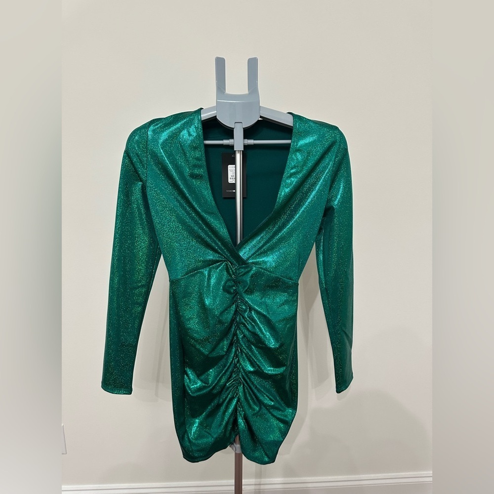 Fashion Nova Metallic Green Ruched Dress Women Size M
